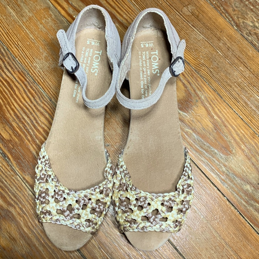 Toms Cork Heeled Ribbon Peep Toe Wedges - Picture 2 of 9